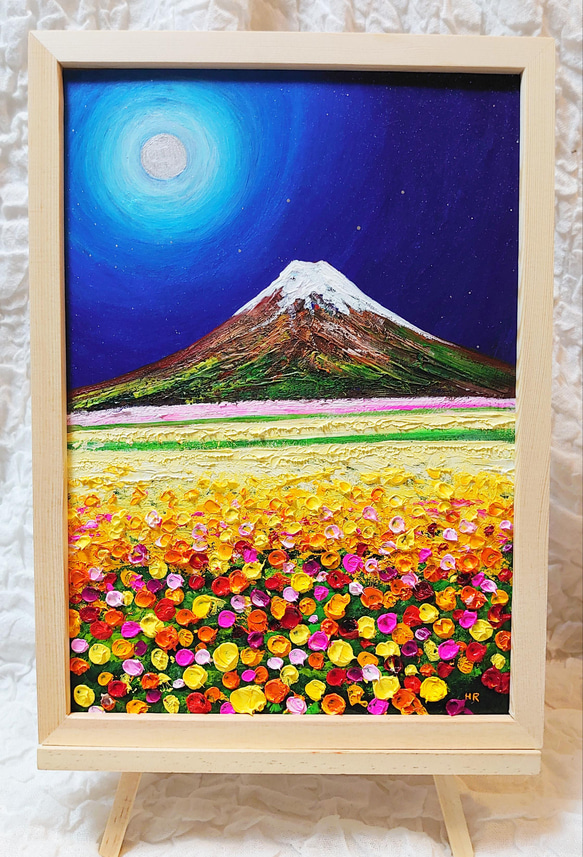 油絵 絵画 【月のお花畑と富士山 】 油絵 絵画 【月のお花畑と富士山 】 絵画 HR 通販 16827831