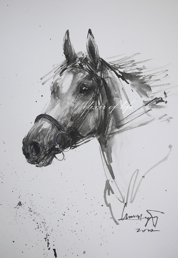 競走馬2022(墨絵、水彩画用紙、34cm×24cm) 絵画 ELIXIR 競走馬2022(墨絵、水彩画用紙、34cm×24cm) 絵画 ELIXIR