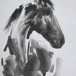 鹿毛の馬のポートレート２０２２(墨絵、水彩画用紙、34cm×２４ｃｍ) 1枚目の画像