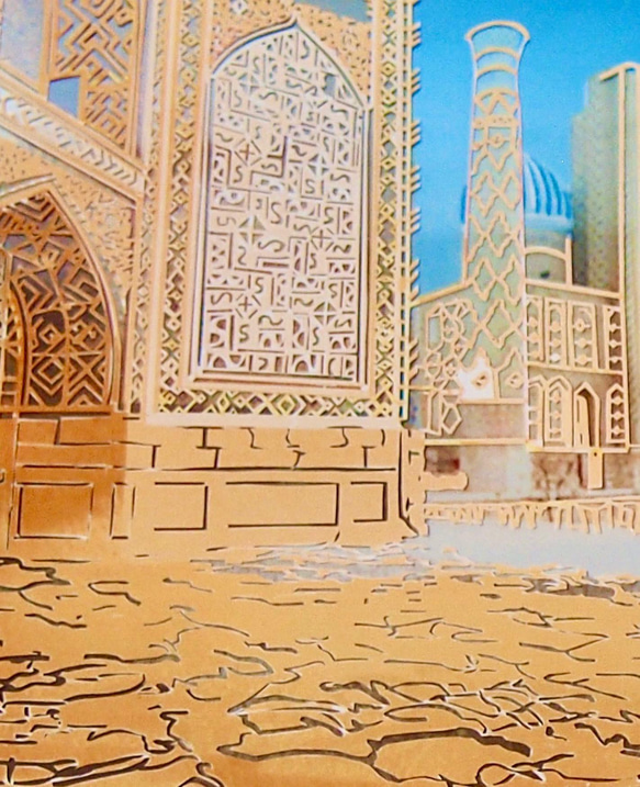 平面切り絵「イチャン・カラの遺跡」原画のみ A4サイズ 風景　フルカラー 3枚目の画像
