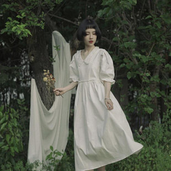 白色 刺綉歐根紗花邊領小白裙 復古燈籠袖高腰寬鬆洋裝仙女連身裙 第11張的照片