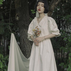 白色 刺綉歐根紗花邊領小白裙 復古燈籠袖高腰寬鬆洋裝仙女連身裙 第1張的照片