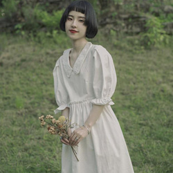 白色 刺綉歐根紗花邊領小白裙 復古燈籠袖高腰寬鬆洋裝仙女連身裙 第19張的照片