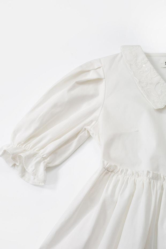 白色 刺綉歐根紗花邊領小白裙 復古燈籠袖高腰寬鬆洋裝仙女連身裙 第4張的照片