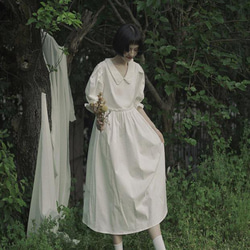 白色 刺綉歐根紗花邊領小白裙 復古燈籠袖高腰寬鬆洋裝仙女連身裙 第13張的照片