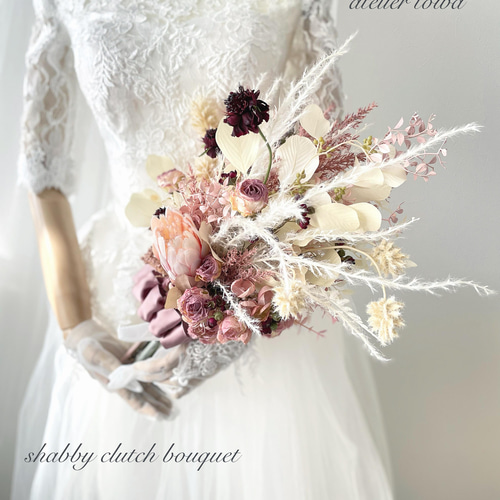 シャビーシックホワイトピンクブーケ ブートニアセット ウェディング