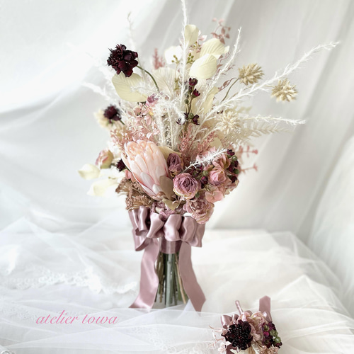 シャビーシックホワイトピンクブーケ ブートニアセット ウェディング