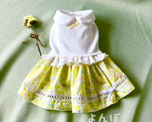 ハンドメイド♡犬服 重ね着風バルーンワンピース(ミモザとうさぎ） ハンドメイド♡犬服 ミモザの重ね着風バルーンワンピースとタンク