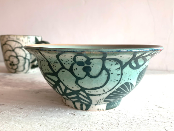 ヤン彫刻シリーズ-緑の花白い磁器bowl_ceramicダイニングボウル 1枚目の画像
