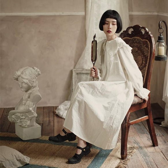 綿100％ お人形襟＋袖フリルのワンピース 白 ビックカラー フレンチ