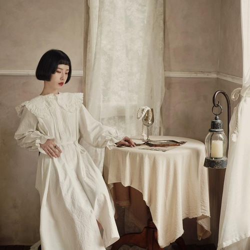 FRECKLE ホワイト フリル袖 ワンピース ラッフルカラーシャツワンピース フリル袖ワンピース フリル