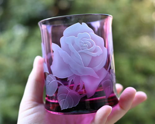 バラ」ピンク ロックグラス サンドブラスト グラス 恋するグラスたち