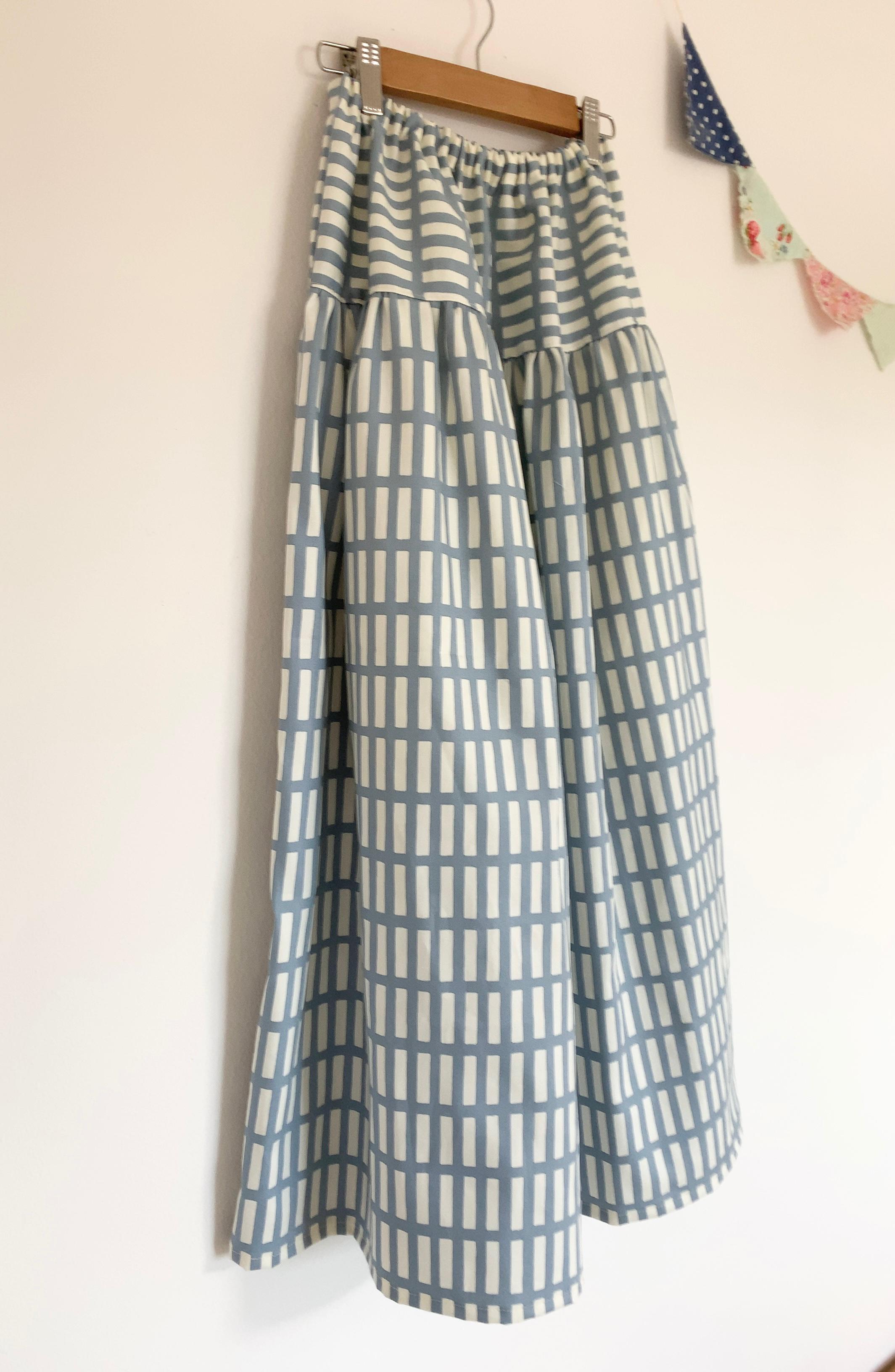 ＊北欧風スクエア柄マキシティアードスカート(light blue)＊