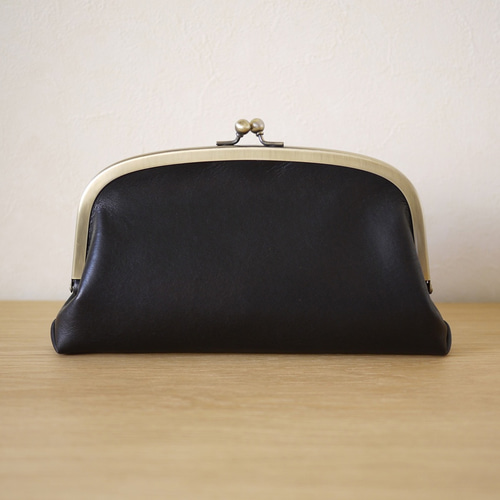 裏地色が選べます】レザーがま口長財布 ブラック（受注制作） がま口