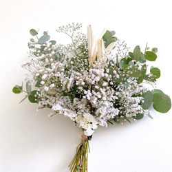 ドライフラワー White&green 『誕生日には真白な百合を』スワッグ　ブーケ　母の日　ウェディング 花束贈呈 2枚目の画像