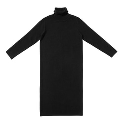 黑色 小高領定紡紗線針織秋冬長袖洋裝 簡約中長款學院風連身裙 第2張的照片