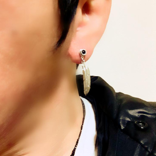 天然石ブラックオニキスのかっこいい揺れる羽のシンプルロングメンズ