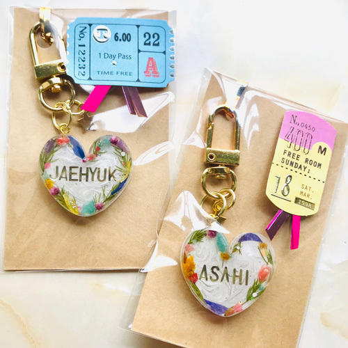 ハートのキーホルダー/ヘアゴム♡名前入れます キーホルダー おしげ