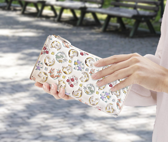 浅草文庫　牛革/文庫革　Ｌ字ファスナー長財布　取り出しやすい　猫/三毛【470304】 1枚目の画像