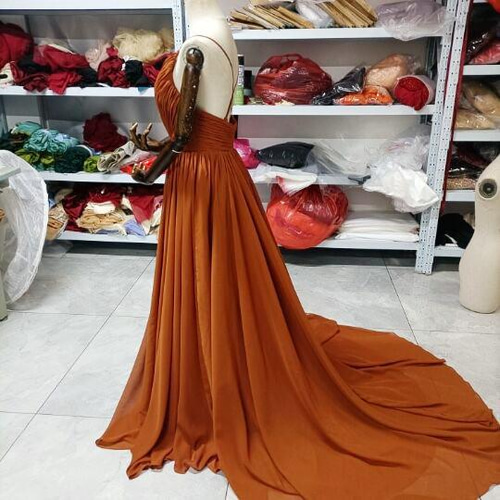 テラコッタカラードレス Vネックドレス キャミソール ロングトレーン  