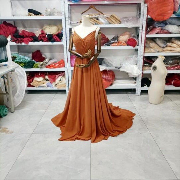 テラコッタカラードレス Vネックドレス キャミソール ロングトレーン  