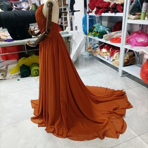 テラコッタカラードレス Vネックドレス キャミソール ロングトレーン  