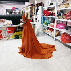 テラコッタカラードレス Vネックドレス キャミソール  ロングトレーン パーティードレス 6枚目の画像