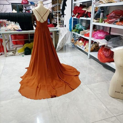 テラコッタカラードレス Vネックドレス キャミソール  ロングトレーン パーティードレス 5枚目の画像
