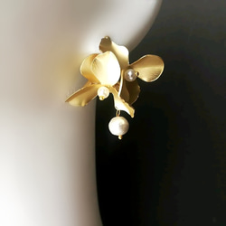 マットゴールド 真鍮 ピアス イヤリング 上品 揺れる 大ぶり コットンパール 結婚式 ウェディング ブライダル 12枚目の画像