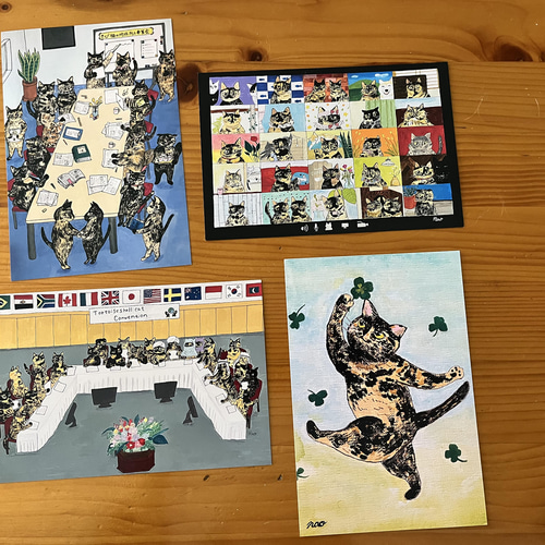 ポストカード さび猫会議3部作＋四つ葉とさび猫 ポストカード 手作り