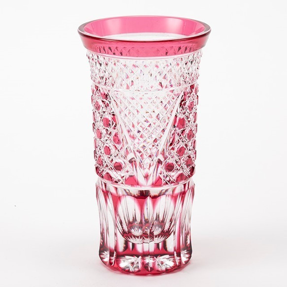 江戸切子　　金赤（ピンク）被せクリスタルガラスビールグラス 1枚目の画像
