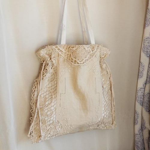 フランスアンティーク コットンリネン レースと刺繍のショルダー