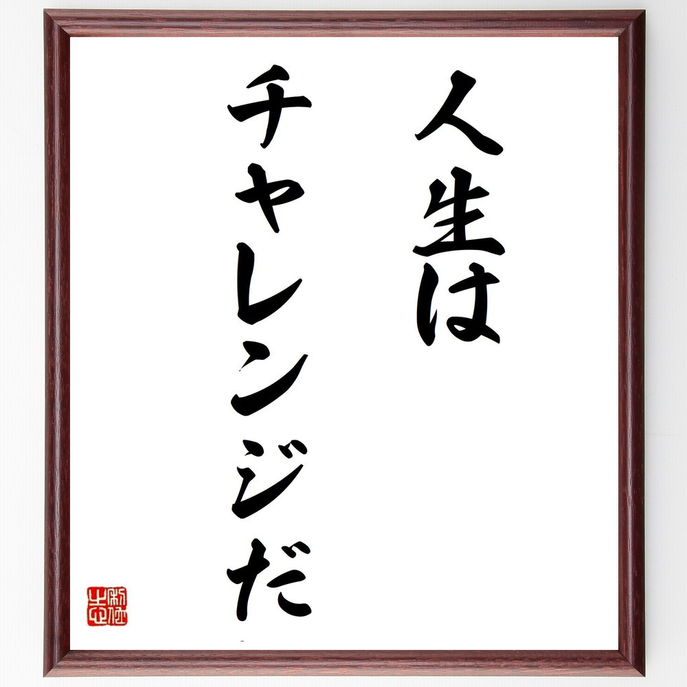 名言「人生はチャレンジだ」手書き書道色紙額／受注後の毛筆直筆（Y5074）