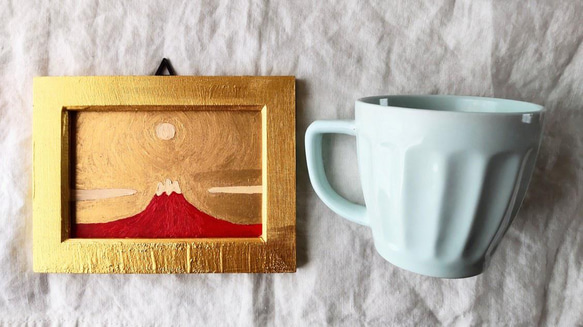 運気アップ絵画「赤富士」油彩・原画・壁掛け・独立スタンド付き 4枚目の画像
