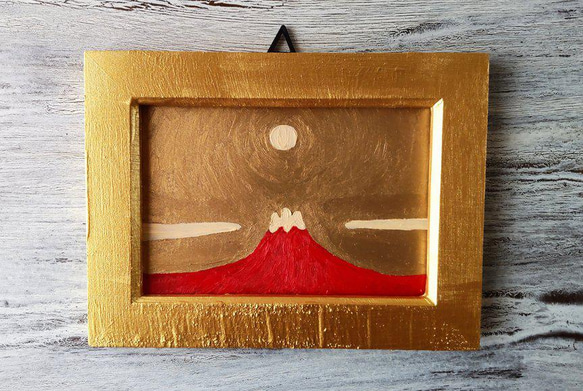 運気アップ絵画「赤富士」油彩・原画・壁掛け・独立スタンド付き 1枚目の画像
