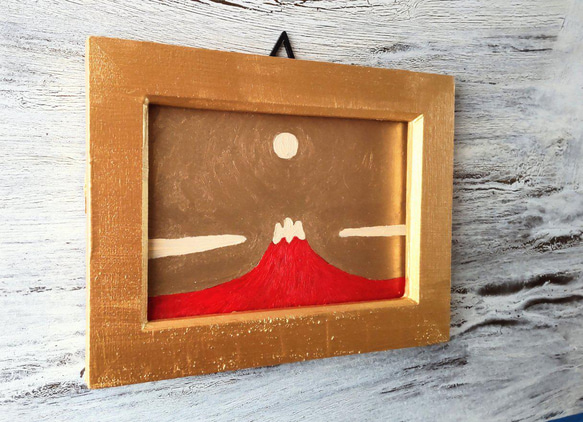 運気アップ絵画「赤富士」油彩・原画・壁掛け・独立スタンド付き 5枚目の画像
