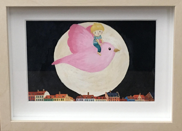 鳥と男の子　水彩画　フレーム付き 2枚目の画像