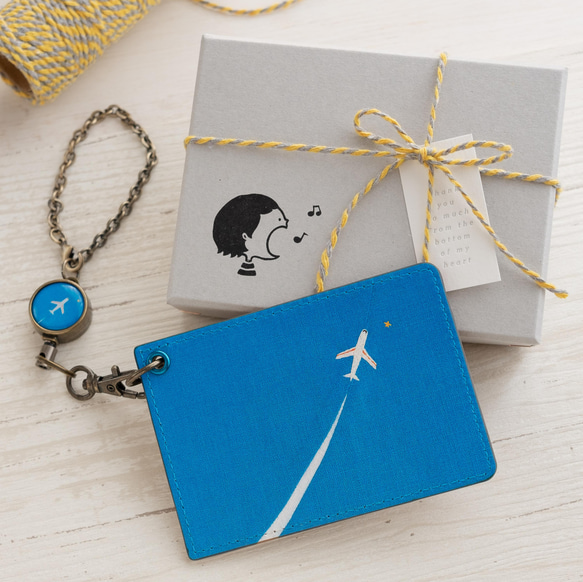 パスケース&リールストラップ ひこうきぐも ✶ 空 ブルー 定期入れ