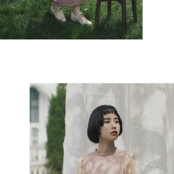 櫻花粉色 少女碎花撞色高腰復古洋裝 燈籠袖拼接優雅復古連身裙 第7張的照片