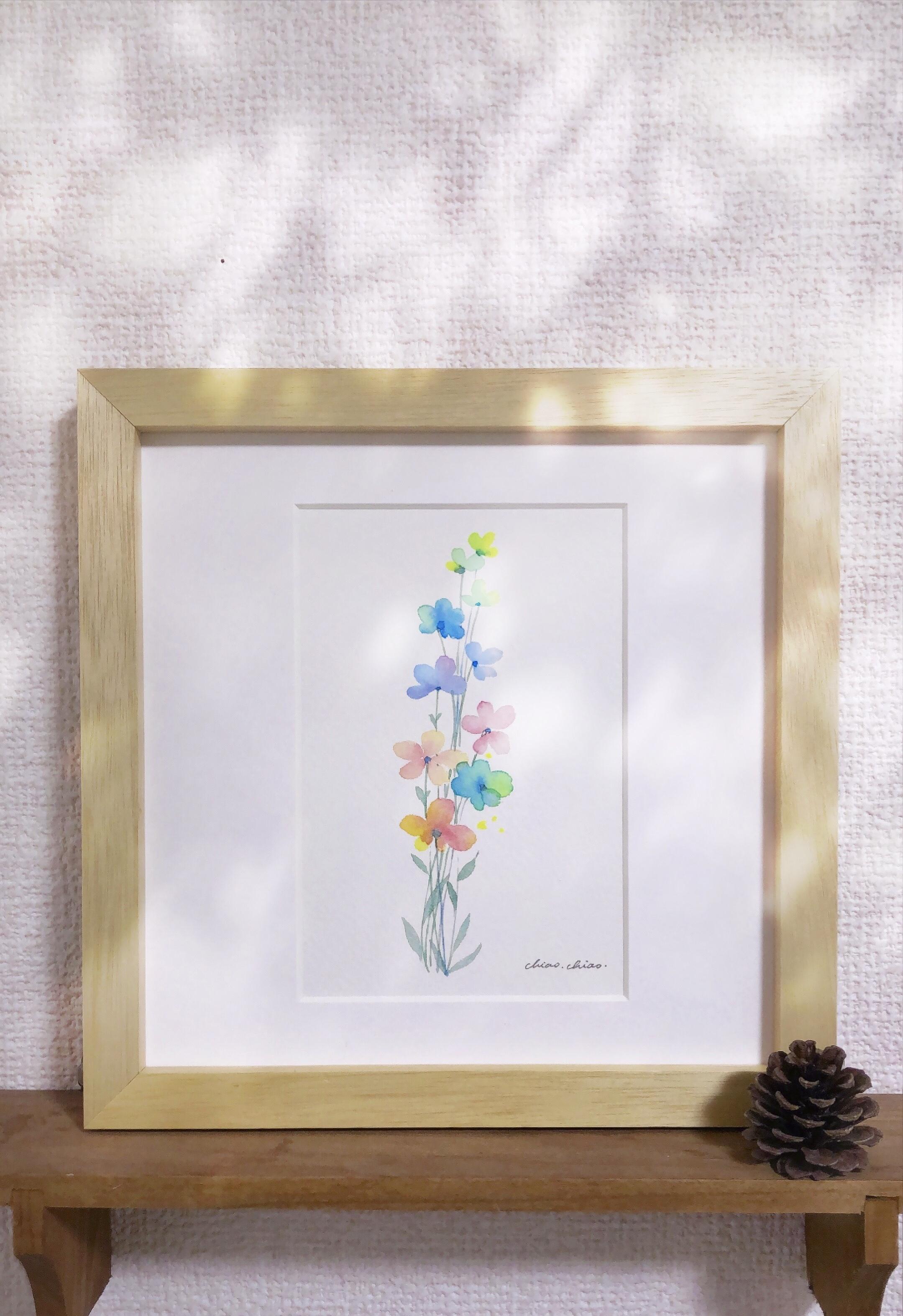 虹色の花-コスモス 透明水彩原画 プレゼント イラスト Annie