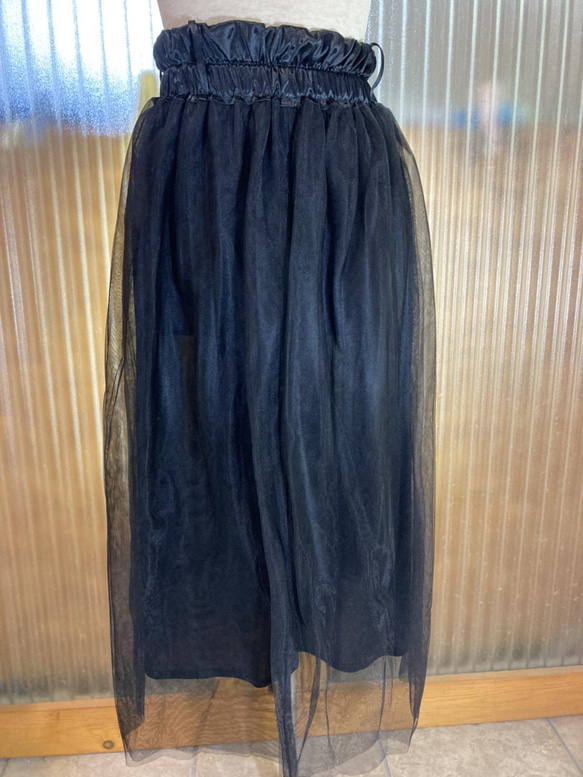 チュールスカート サテン生地 ブラック 80センチ 2本ゴム フリーサイズ リボン ベルト 5枚目の画像