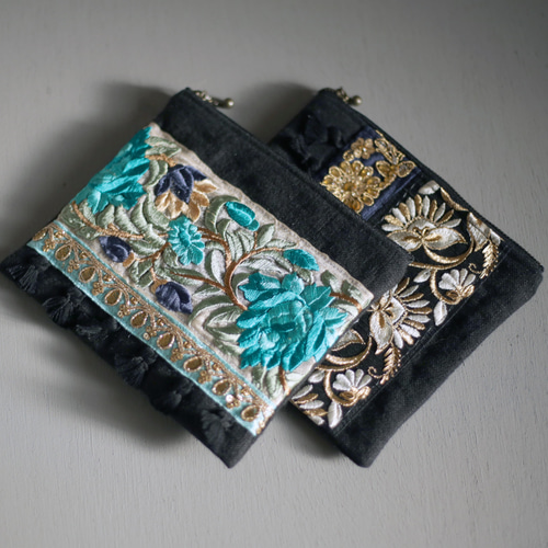 ラスト1点】インドブレード＆麻スラブ ファスナーポーチ 刺繍 ライン