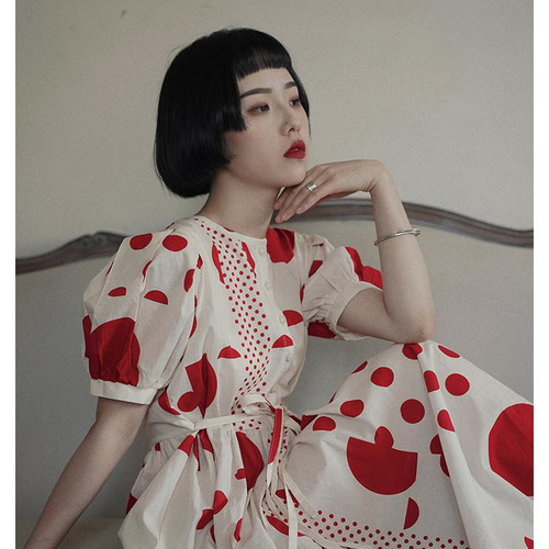 綿100% 赤の水玉ワンピース パフスリーブ レトロ ワンピース RANER