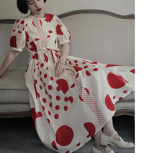 綿100% 赤の水玉ワンピース パフスリーブ レトロ ワンピース RANER
