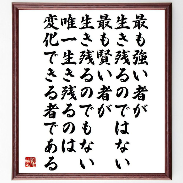 チャールズ・ダーウィンの名言「最も強い者が生き残るのではない、最も賢い者～」／額付き書道色紙／受注後直筆(Y5265) 1枚目の画像