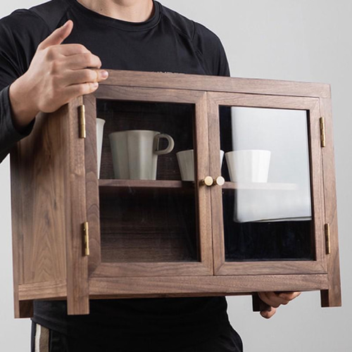 受注生産】無垢材 茶器棚 餐器棚 透明なガラス戸 置物収納棚