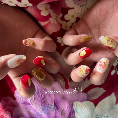 和柄赤シェルネイルチップ 卒業式 成人式 ブライダル 結婚式 ネイル