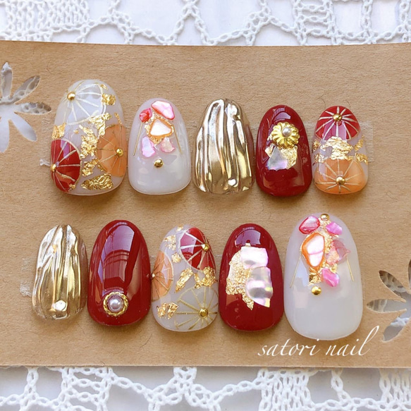和柄赤シェルネイルチップ 卒業式 成人式 ブライダル 結婚式 ネイル