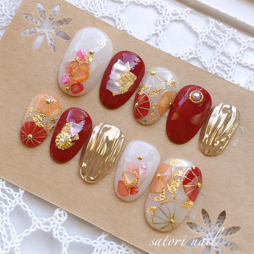 和柄赤シェルネイルチップ 卒業式 成人式 ブライダル 結婚式 ネイル