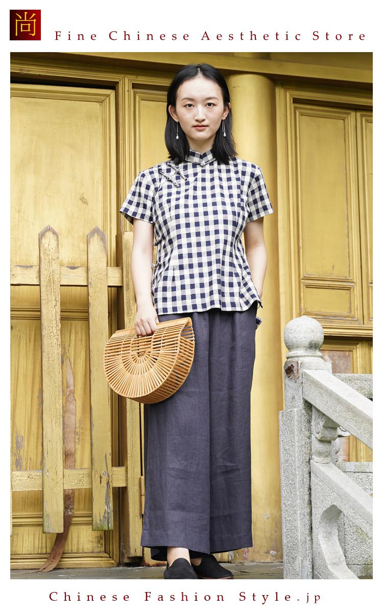 一枚のみ コットンリネンブレンド　マンダリンカラー クロップトップカジュアルモダンチャイナドレス　＃107